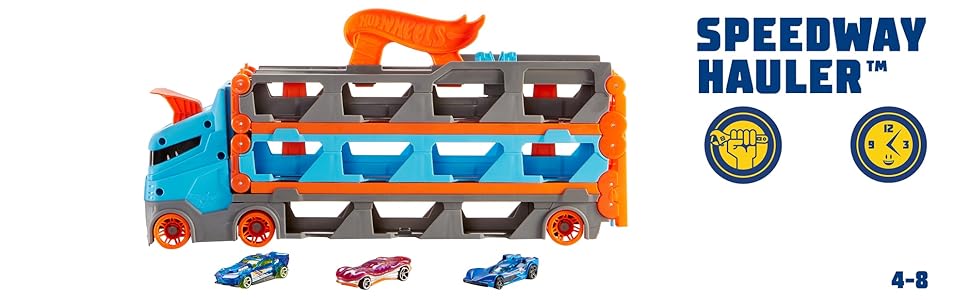 Hot Wheels 2-in-1-Rennstreckentransporter mit Stauraum und 3 Autos
